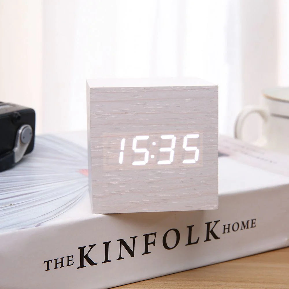 Wooden Minimalist Table Clock | Voice-Activated LED Digital Alarm Clock with Temperature Display