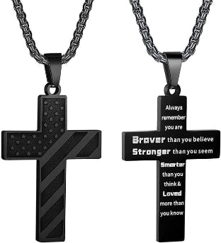 Durable American Flag Cross Pendant | Inspirational Quote or Scripture Necklace | Unisex Everyday Wear & Gift for All Ages
