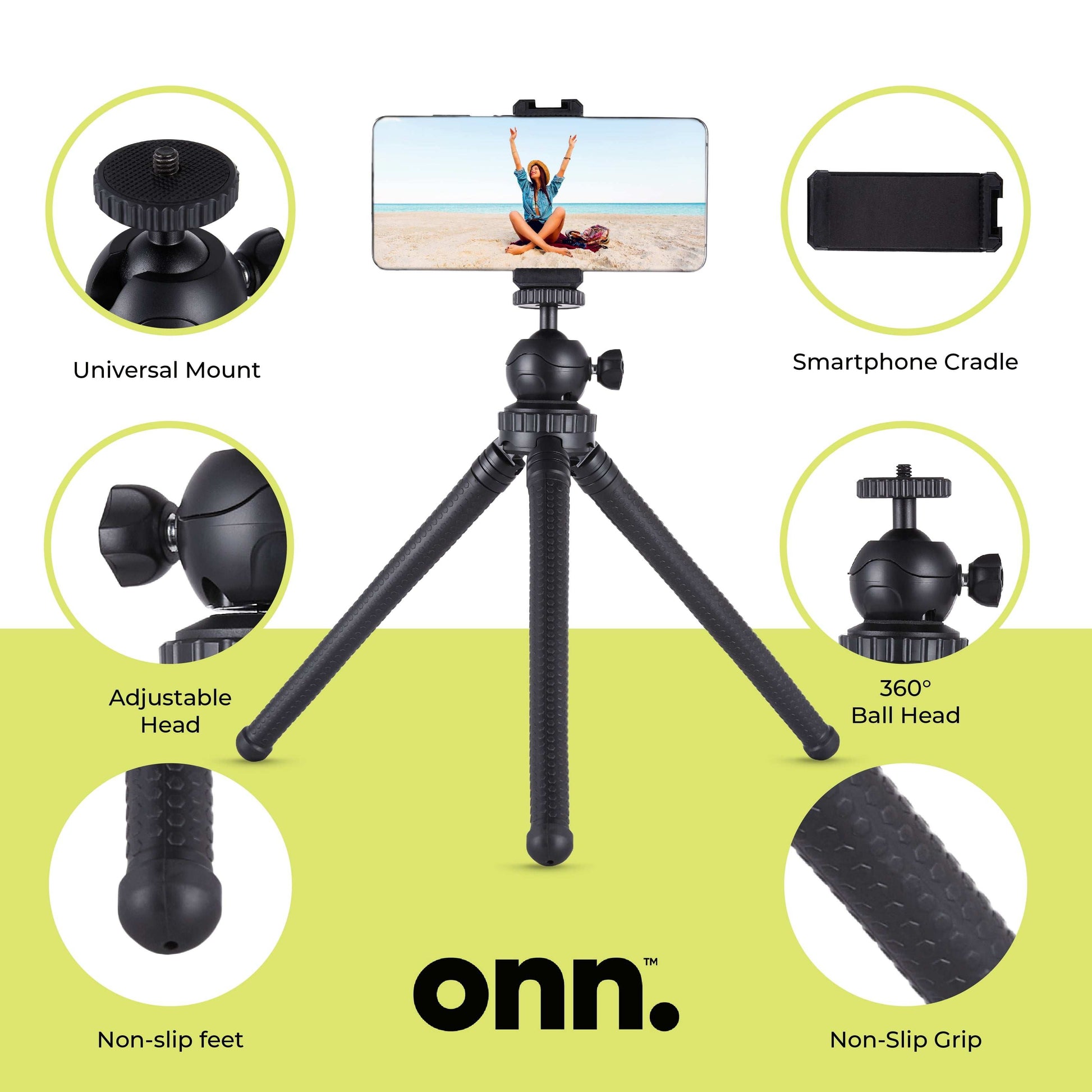 Onn Adjustable Mini Tripod Stand | Flexible Holder for Compact Cameras, GoPro & Smartphones