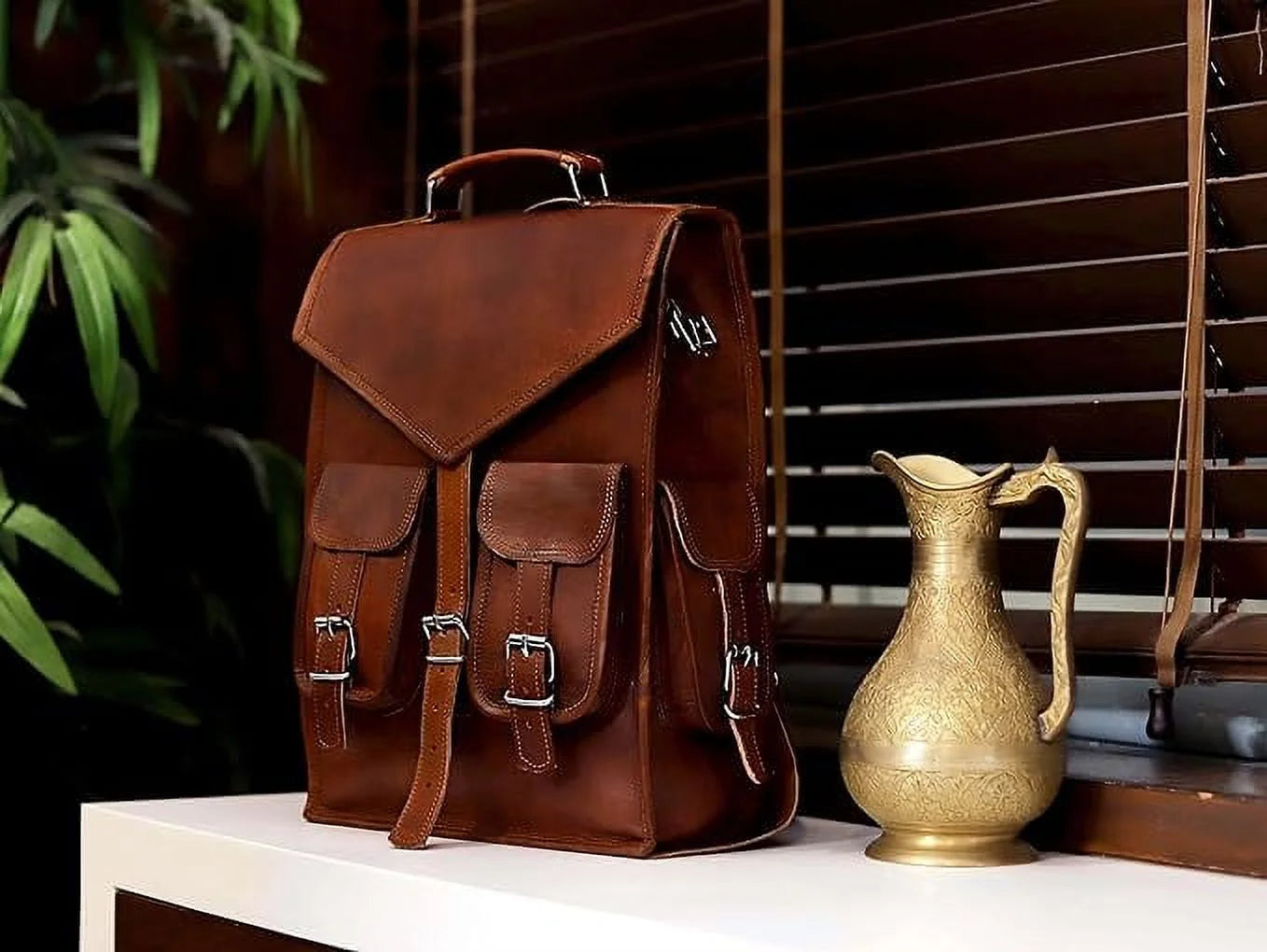 RUZIOON Multi-functional Vintage Leather Laptop Bag | 15" Vintage Backpack, Messenger & Briefcase with Steel Buckles (Brown)