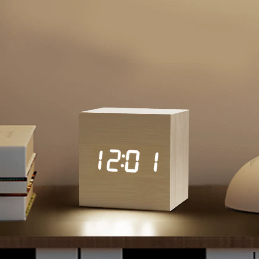 Wooden Minimalist Table Clock | Voice-Activated LED Digital Alarm Clock with Temperature Display