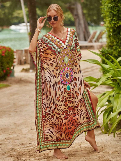 Women's Printed Caftan Maxi Dress | V-Neck Bathing Suit Cover-Up, Abaya Beach Outfits & Loungewear
