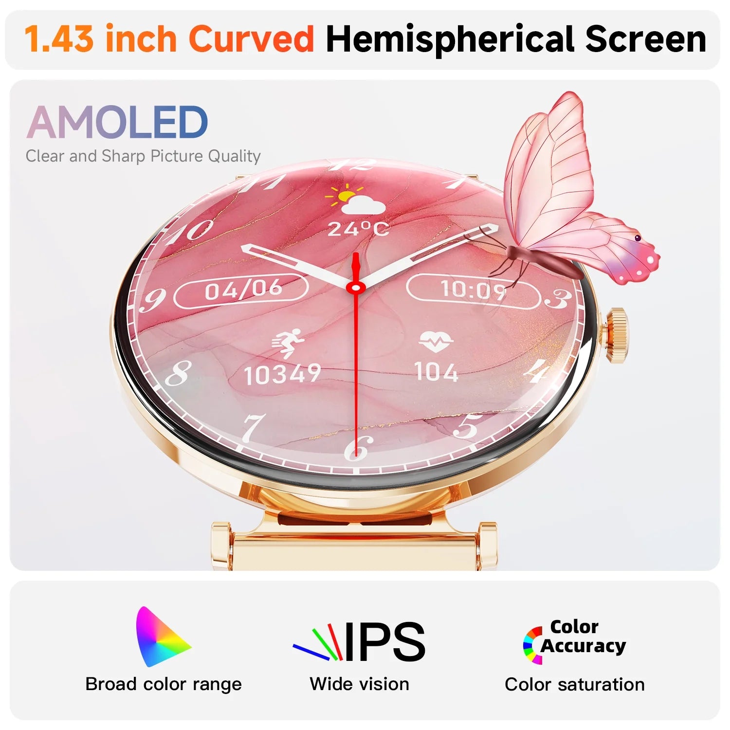 Smart Watch for Women - 1.43" AMOLED Screen, Bluetooth Calls, IP67 Waterproof, 100+ Sports Modes (Gold)