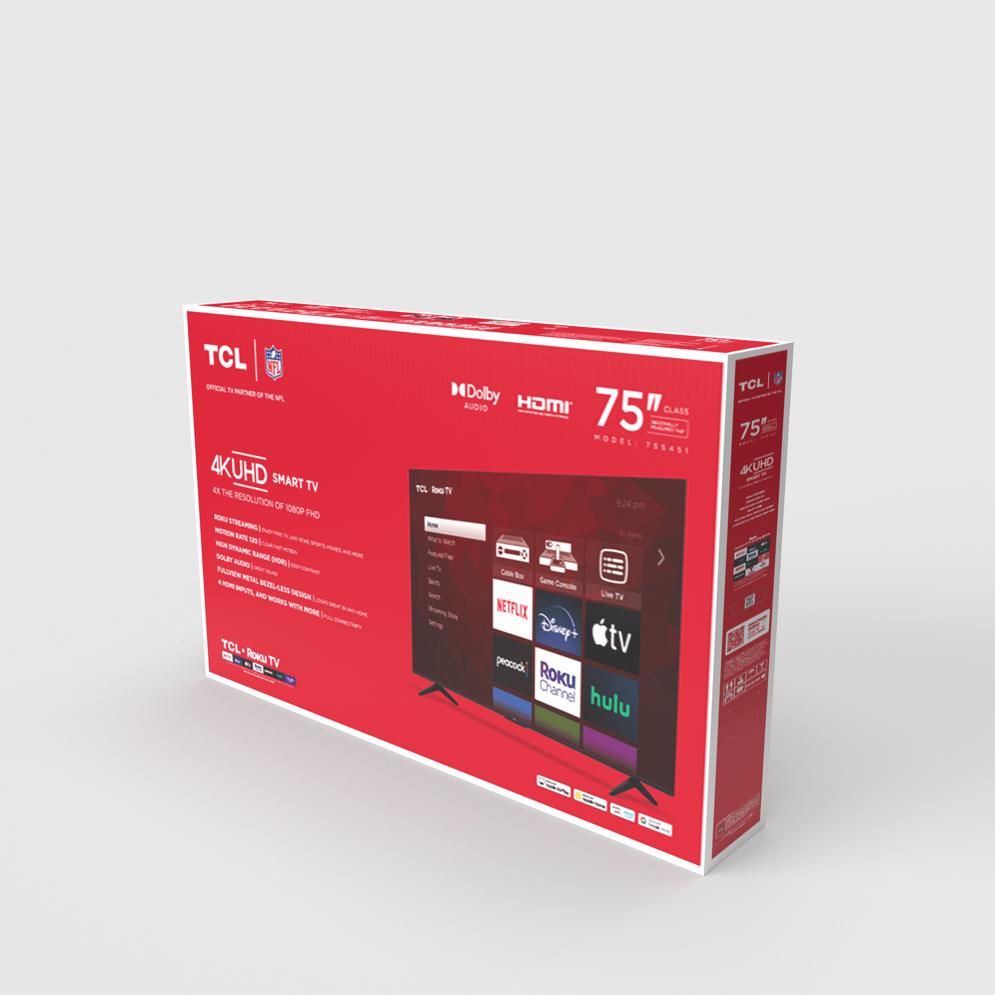 TCL 75” Class S4 (75S451) 4K UHD HDR Smart TV with Roku TV | Voice Control, AirPlay, & 4 HDMI Inputs