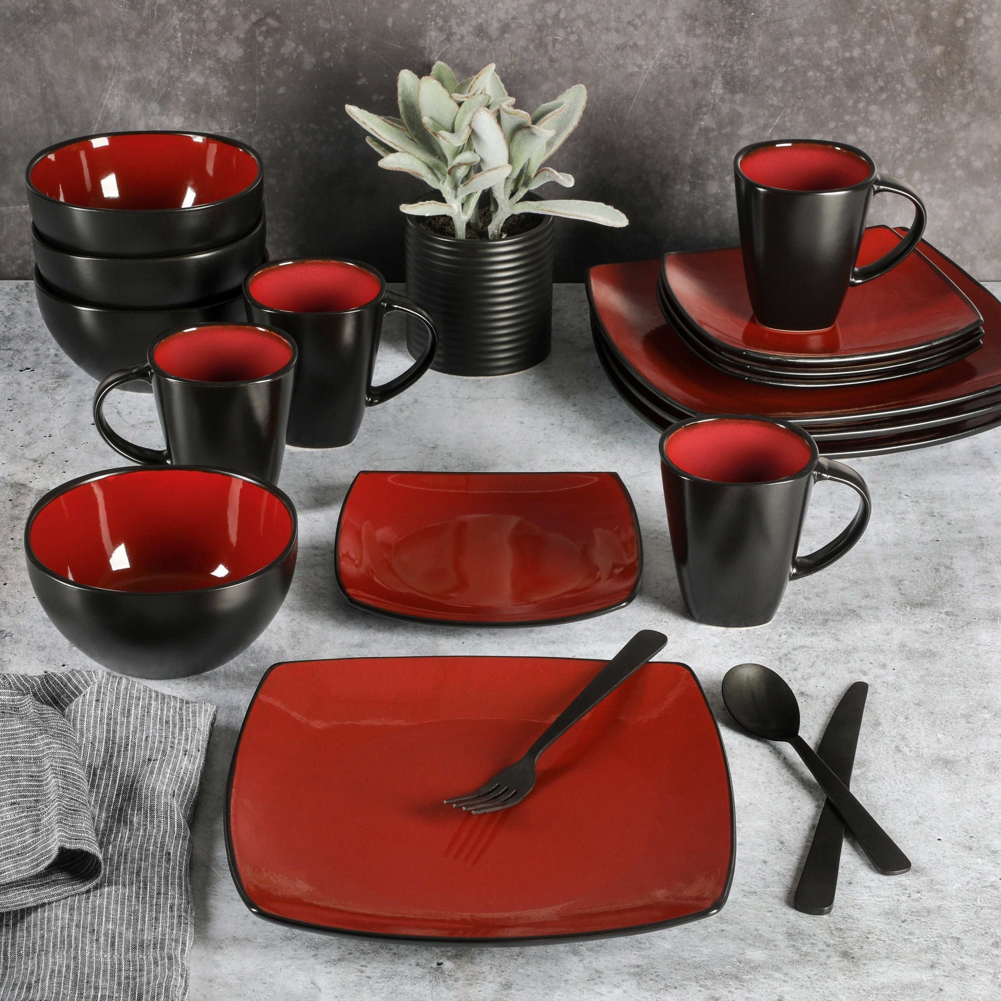 Gibson Soho Lounge Red Dinner Set | 16-Piece Scratch-Resistant Stoneware