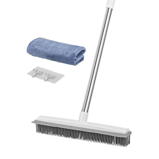 Pet Hair Removal Rubber Broom - 58.46" Adjustable Long Handle for Hardwood & Carpet | Includes Microfiber Cloth