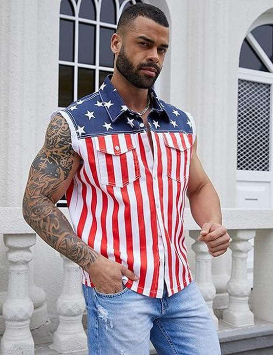 Yuanbang Men's American Flag Denim Vest | Classic 4th of July Patriotic Sleeveless Jean Jacket