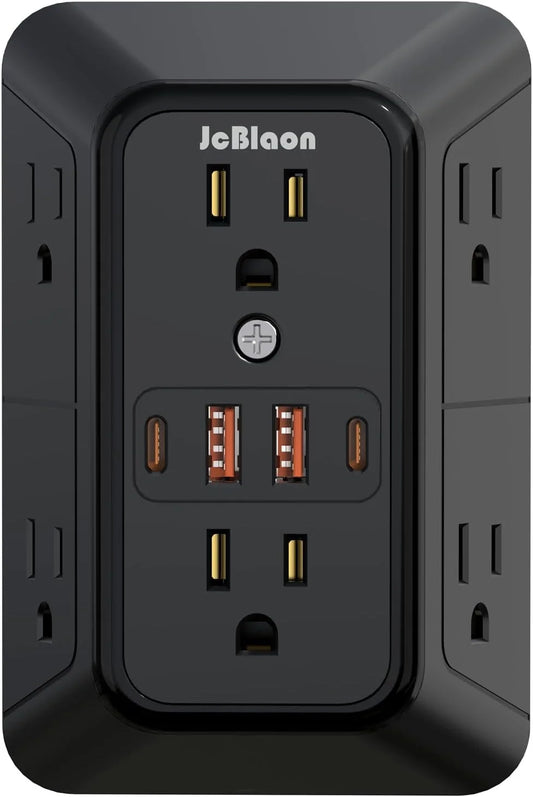 Compact 10-in-1 Outlet Extender by JcBlaon | 6 AC, 4 USB, Surge Protected Power Strip for All Devices
