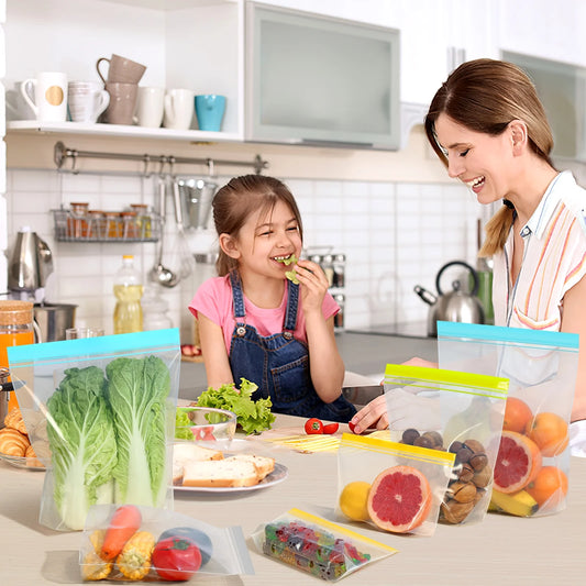 14-Pack Stand-Up Reusable Food Storage Bags – Leakproof, Freezer & Dishwasher Safe, BPA-Free PEVA – Gallon, Sandwich & Snack Sizes