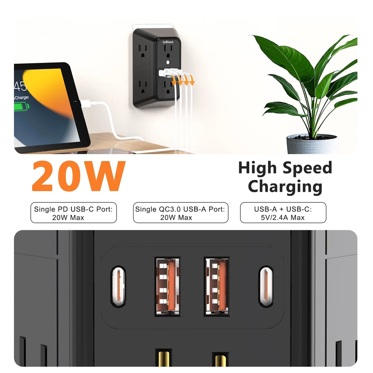 Compact 10-in-1 Outlet Extender by JcBlaon | 6 AC, 4 USB, Surge Protected Power Strip for All Devices