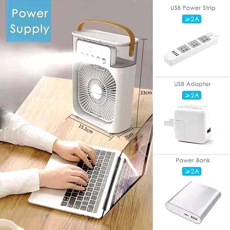 3-in-1 Portable Evaporative Air Cooler with Humidifier & Fan | Personal USB Desk Fan with 7-Color LED Light