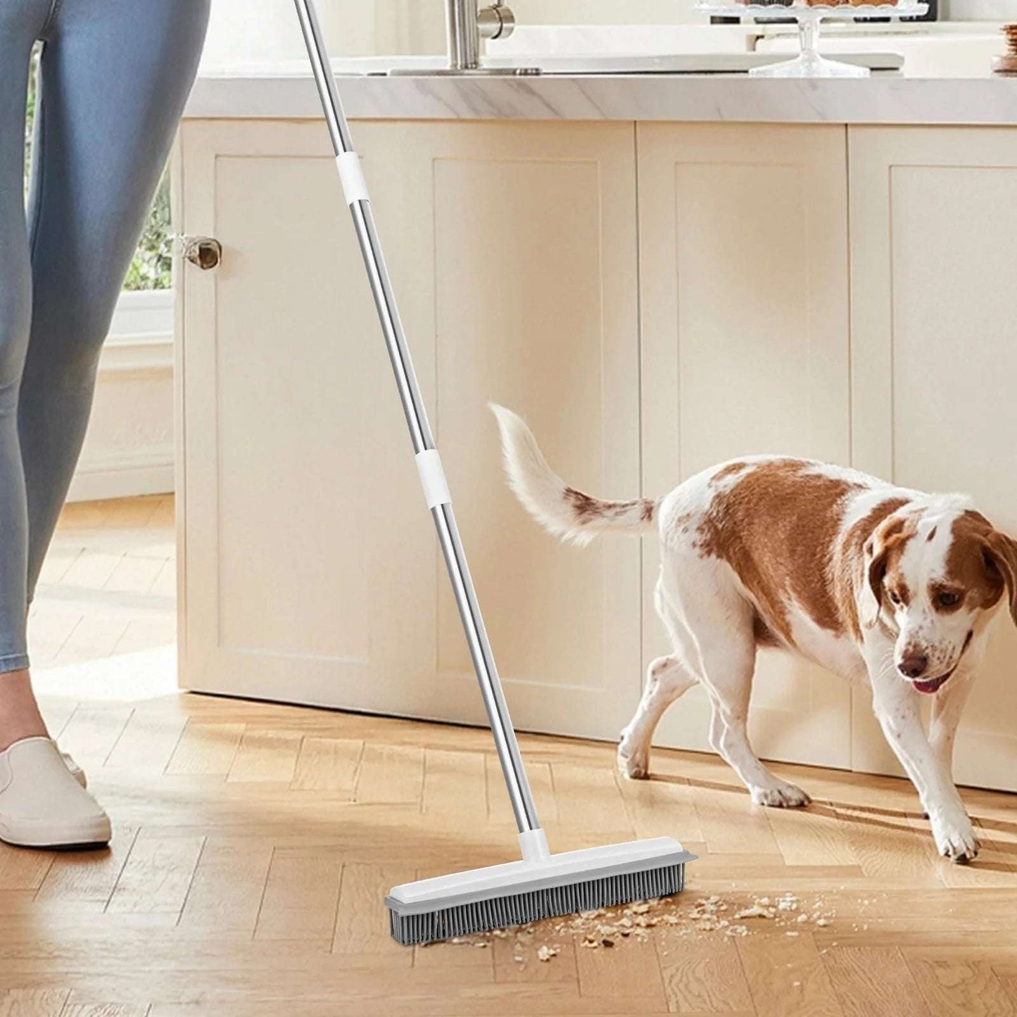 Pet Hair Removal Rubber Broom - 58.46" Adjustable Long Handle for Hardwood & Carpet | Includes Microfiber Cloth