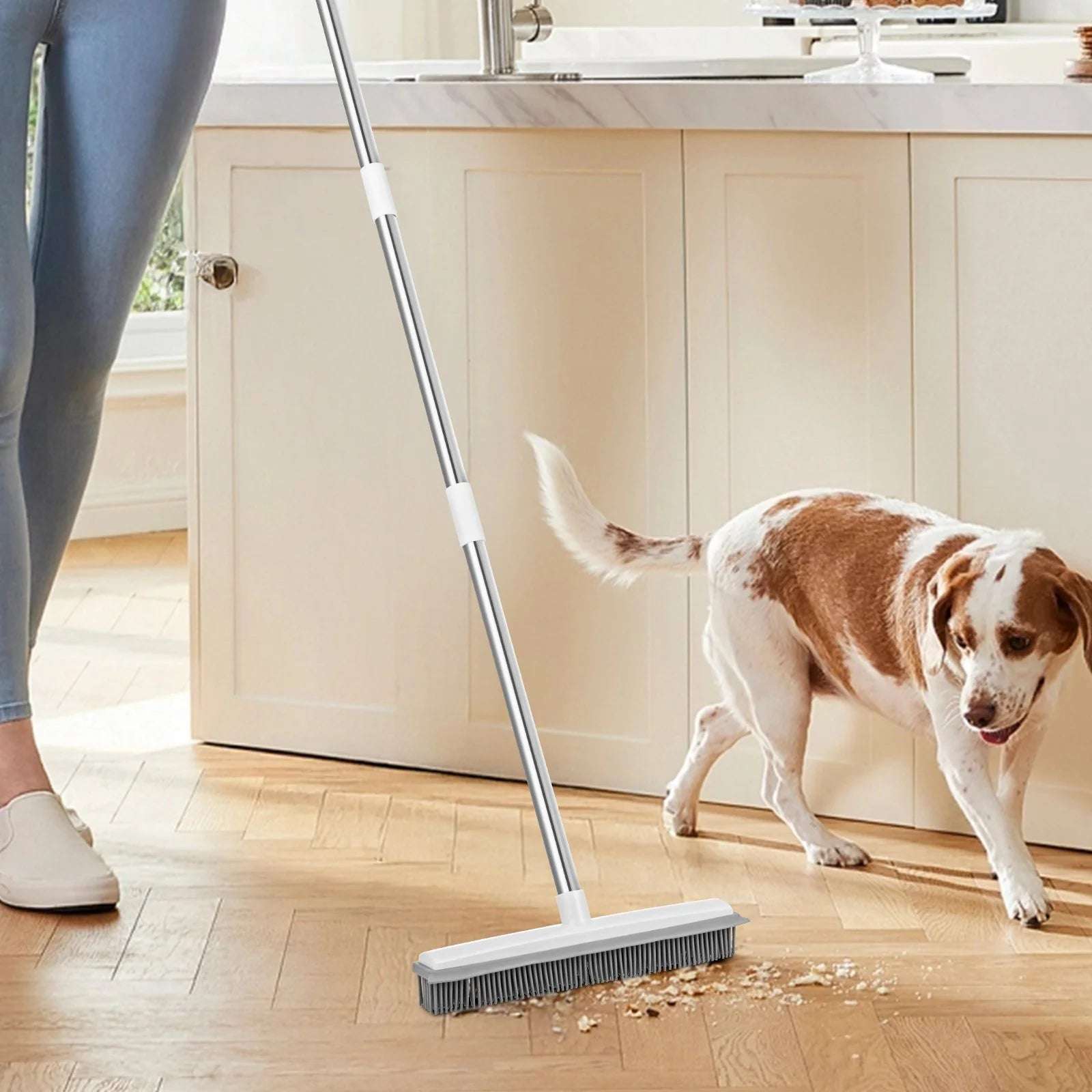Pet Hair Removal Rubber Broom - 58.46" Adjustable Long Handle for Hardwood & Carpet | Includes Microfiber Cloth