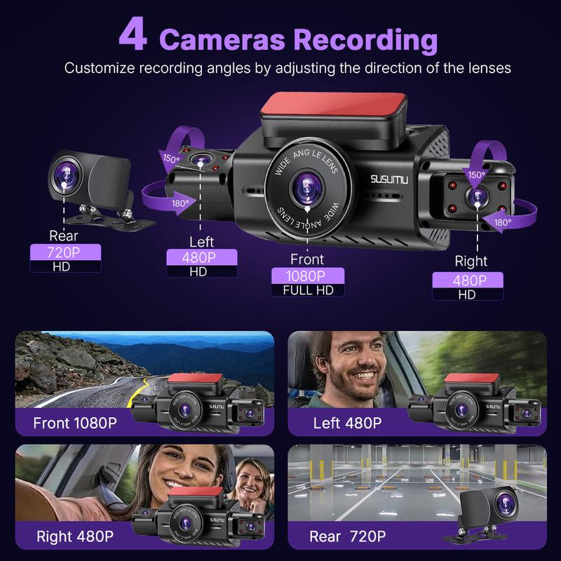 WIFI Automotive Dash Cam 360° View | Front & Rear Inside/Outside Recording | 64GB Card, Night Vision, Gravity Sensor