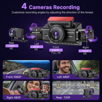 WIFI Automotive Dash Cam 360° View | Front & Rear Inside/Outside Recording | 64GB Card, Night Vision, Gravity Sensor